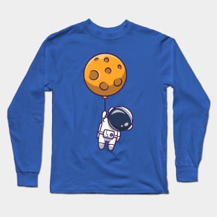 Cute Astronaut Floating With Moon Balloon Cartoon Long Sleeve T-Shirt